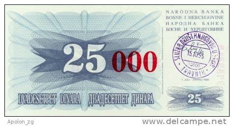 BOSNIA:  25 000 Dinara On 25 Dinara, 1993 UNC *P-54b *13mm High Red Zeroes - 15.10.1993 - Bosnia And Herzegovina