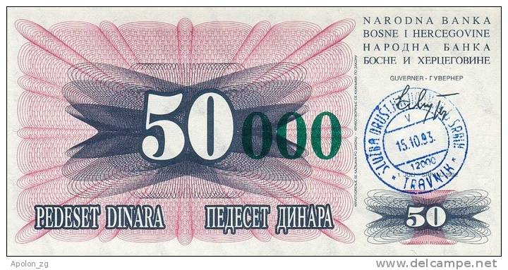 BOSNIA:   50 000 Dinara On 50 Dinara, 1993 UNC *P-55a * 13mm High Green Zeroes - 15.10.1993 - Bosnien-Herzegowina