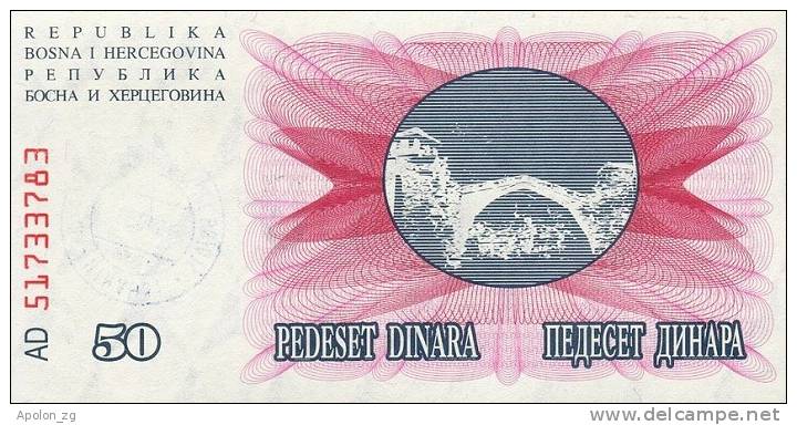 BOSNIA:   50 000 Dinara On 50 Dinara, 1993 UNC *P-55a * 13mm High Green Zeroes - 15.10.1993 - Bosnien-Herzegowina