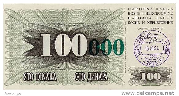 BOSNIA:  100 000 Dinara On 100 Dinara, 1993 UNC *P56a *13mm High Green Zeroes - 15.10.1993 - Bosnie-Herzegovine