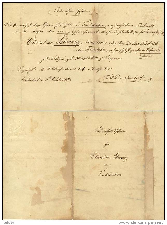 Admissionsschein Trubschachen Mit Prägestempel Kt.Bern        1864 - Matasellos Generales