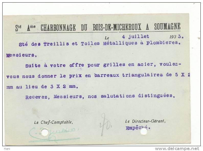 SOUMAGNE - Carte Pré Imprimée SA Charbonnages Du Bois-de-Micheroux 1933 (b59) - Soumagne