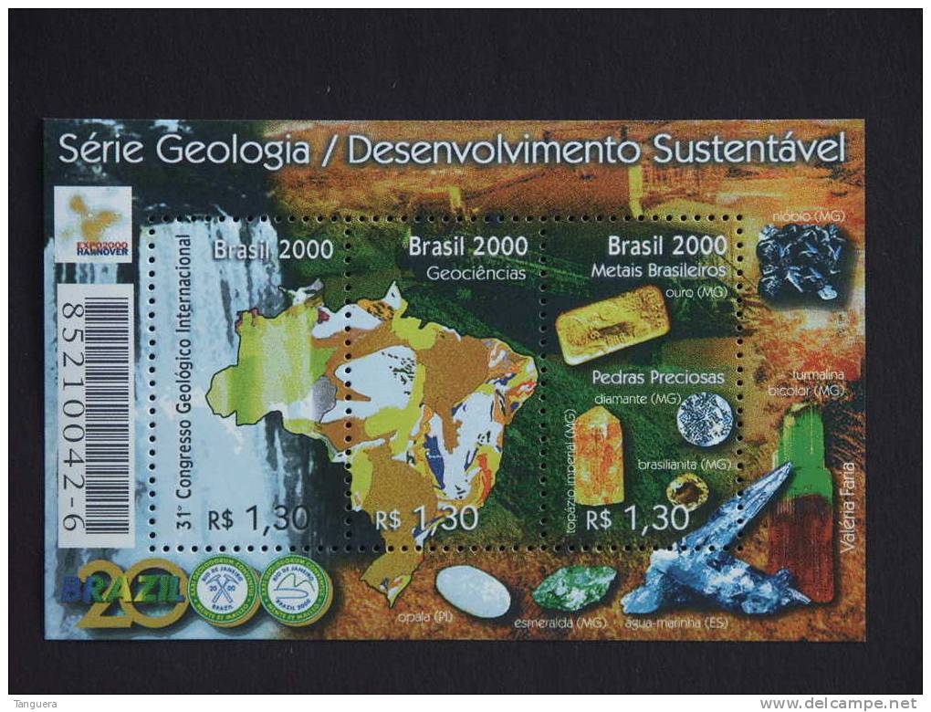 Brazilië Brésil Brasil 2000 Hannover EXPO Géologie Et Développement Soutenue Or Diamant Topaze Goud Yv BF 111 MNH ** - Minéraux