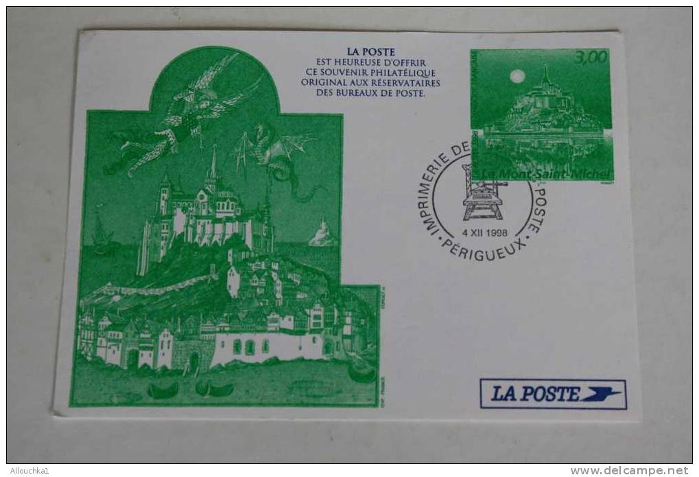 ENTIER POSTAL  CARTE POSTALE DOCUMENT OFFERT >RESERVATAIRES B.P. IMPRIMERIE TIMBRE PERIGUEUX>ELE MONT ST MICHEL 1998 - Pseudo-entiers Officiels