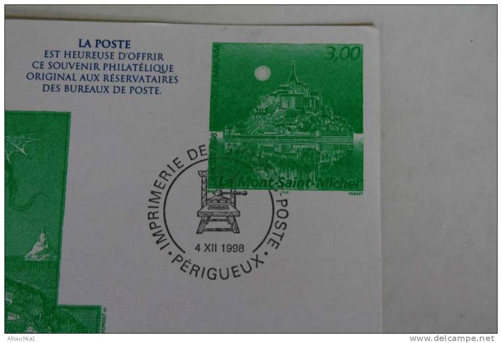 ENTIER POSTAL  CARTE POSTALE DOCUMENT OFFERT >RESERVATAIRES B.P. IMPRIMERIE TIMBRE PERIGUEUX>ELE MONT ST MICHEL 1998 - Pseudo-officiële  Postwaardestukken