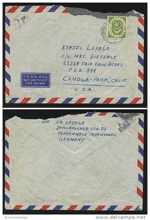 A685) Bund Airmail-Brief Von Mittenwald 9.8.1952 N. Canoga-Park / USA M. EF Mi.138 - Covers & Documents