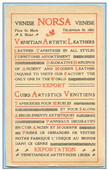 ANNI 20 CARTOLINA PUBBLICITARIA BIFACCIALE VENEZIA NORSA FABBRICA ARTISTICA OGGETTI IN CUOIO RARA E SPLENDIDA (DC2583) - Altri & Non Classificati