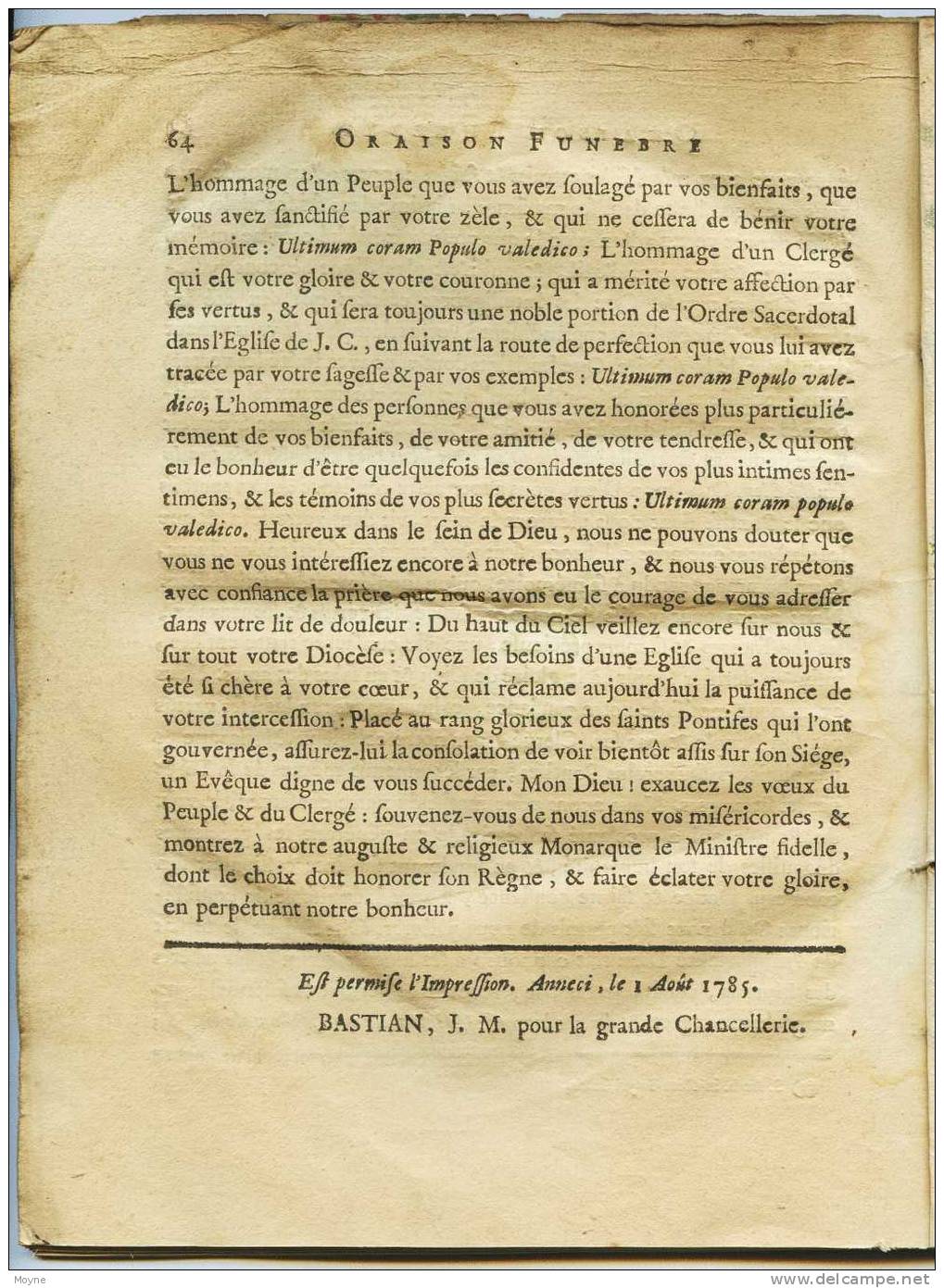 Savoie / Suisse - 1785 - ORAISON FUNEBRE DE Mgr J.Pierre BIORD - EVEQUE ET PRINCE DE GENEVE Par M. BIGEX - 1785  T. RARE - Alpes - Pays-de-Savoie