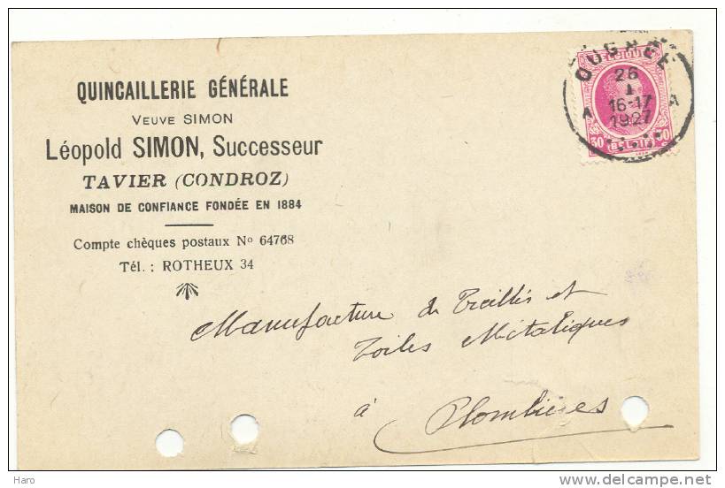 TAVIER - Carte Pré Imprimée - Quicaillerie Générale L. Simon   1927 -  (b59) - Anthisnes