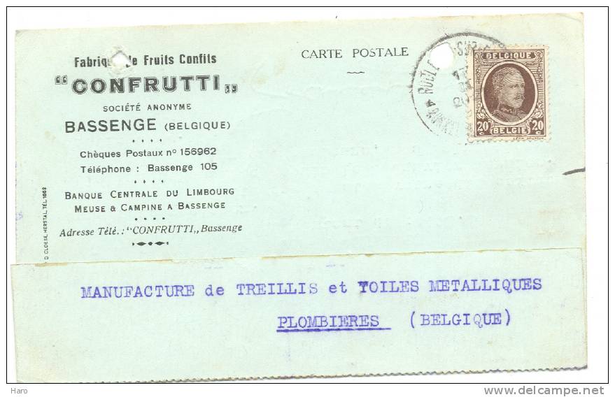 BASSENGE  - Carte Pré Imprimée - Fabrique De Fruits Confits "CONFRUTTI"   1926 -  (b59) - Bassenge