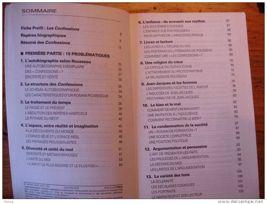 PROFIL BAC - LES CONFESSIONS LIVRES I à IV - JEAN JACQUES ROUSSEAU - PREMIERE - HATIER N° 215/216 - FRANCAIS CARLIER Etc - Fichas Didácticas