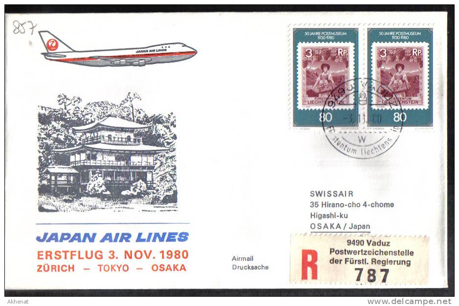 VER857 - GIAPPONE , JAPAN AIRLINES First Flight Zurich Osaka 3/11/1980 - Aéreo