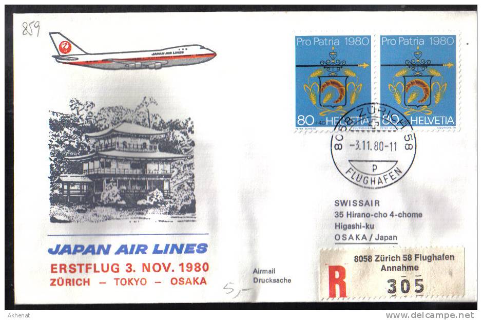 VER859 - GIAPPONE , JAPAN AIRLINES First Flight Zurich Osaka 3/11/1980 - First Flight Covers