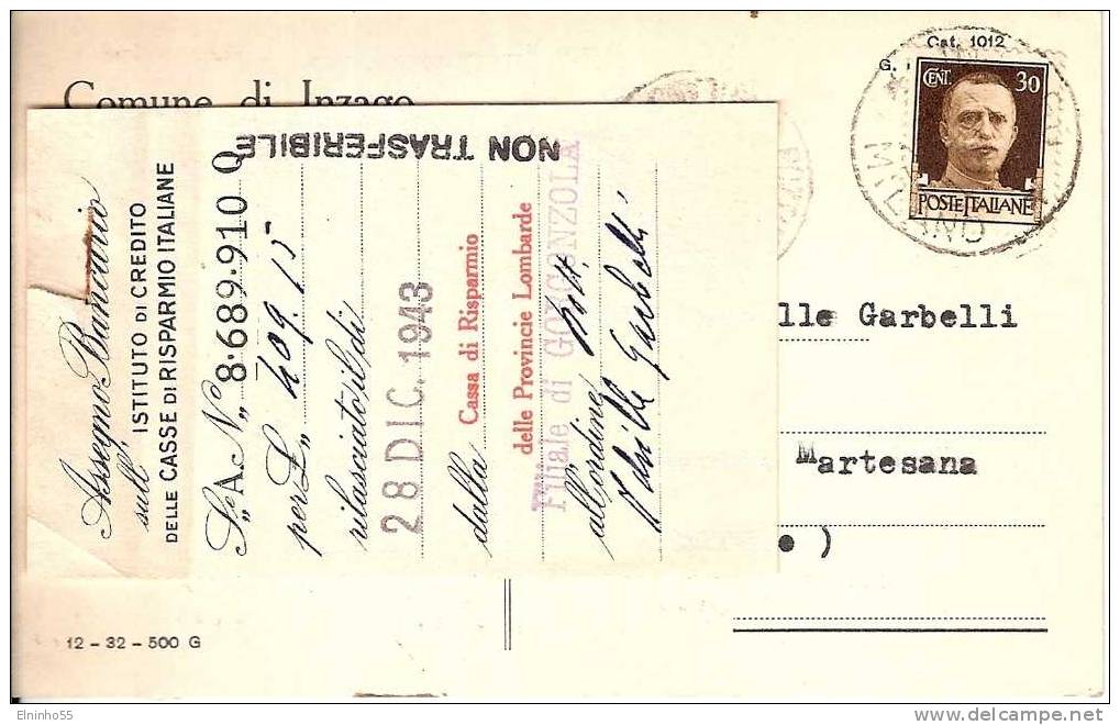 1943 Uso Bolli Regno - Cartolina Postale Da Inzago (Milano) - Marcophilia