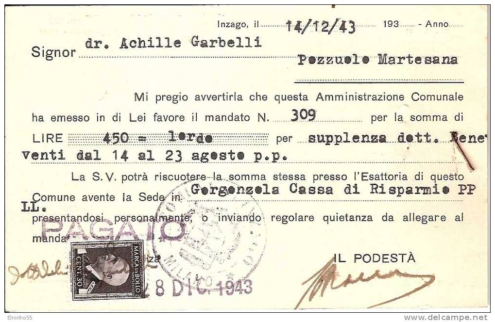 1943 Uso Bolli Regno - Cartolina Postale Da Inzago (Milano) - Marcophilia