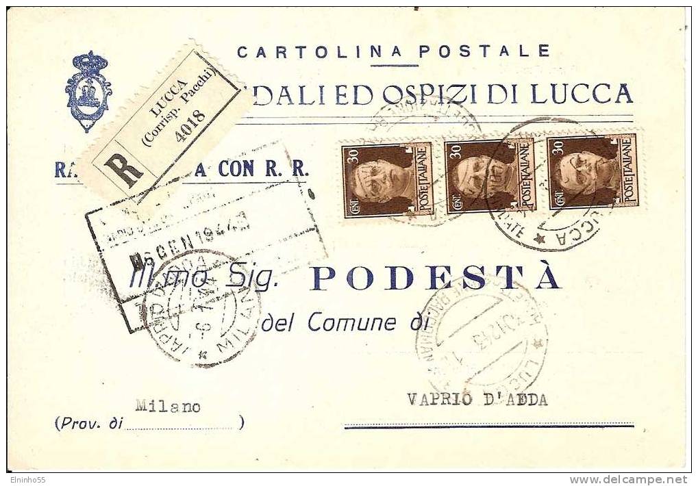 1943 Uso Bolli Regno - Cartolina Postale Raccomandata Da Lucca Per Vaprio D'Adda (Milano) - Marcophilia