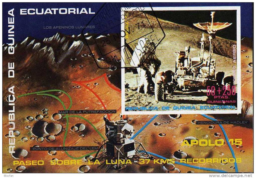 USA Raumfahrt 1972 Apollo 15 Äquatorial Guinea 25A/B, Block 1 Plus 2 O 4€ Mond-Landung Space Bloc Sheet From Africa - Etats-Unis