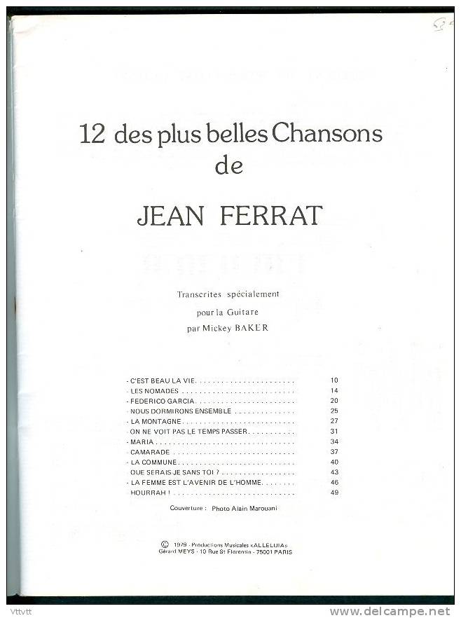 Partitions : Livret JEAN FERRAT (1979), 12 Chansons (21,5 Cm X 28 Cm), Edition Alleluia, Gerard Meys, 52 Pages, TBE - Partitions Musicales Anciennes