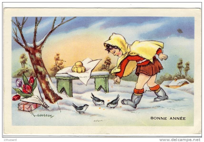 Carte Postale Illustrateur Gougeon - Bonne Année - Petite Fille, Oiseaux - Gougeon