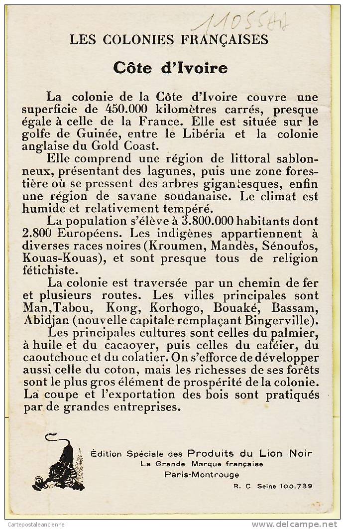 COTE IVOIRE Colonies Françaises Edition Spéciale Produits LION NOIR Carte Geographique Chromo 1920s CPPUB CPDOM 11055AA - Autres & Non Classés