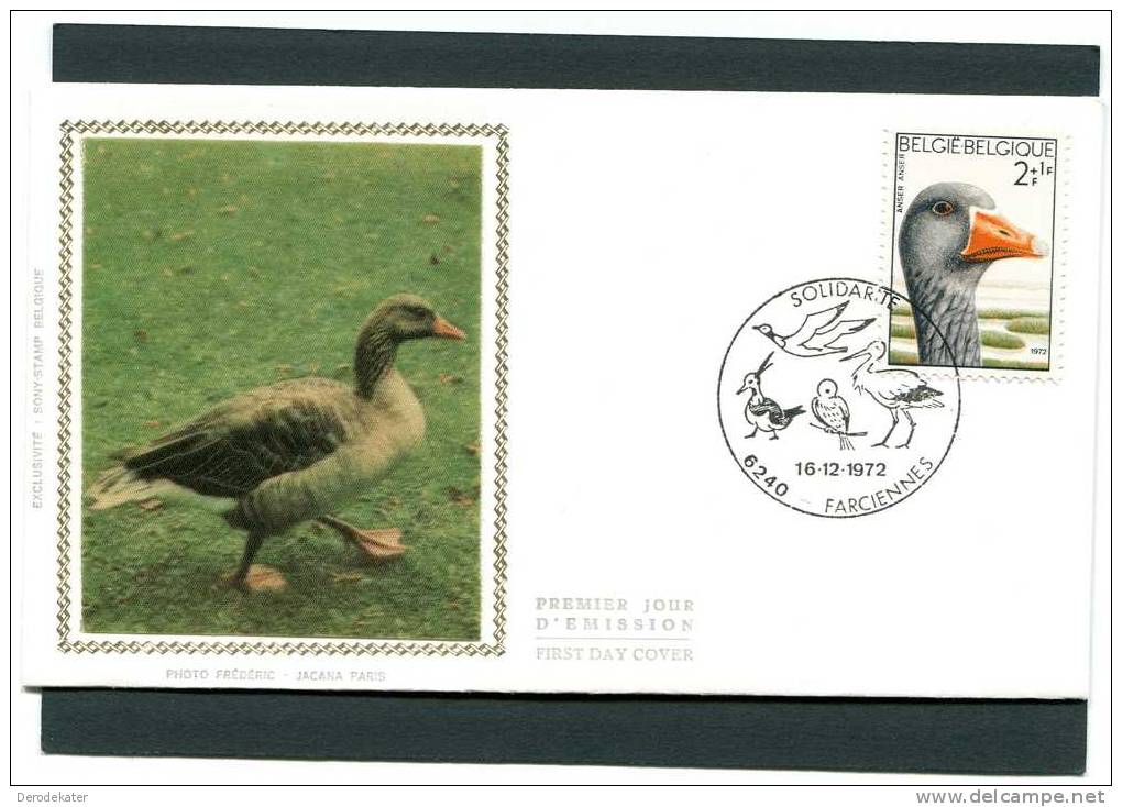 Belgique 1972.FDC Silk. Anser Anser. Grauwe Gans. Greylag. Oie Cendrée. Solidarite Farciennes. Nice! New! - Ganzen