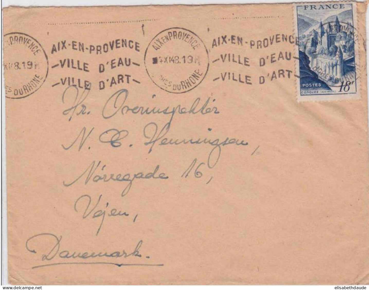 1948 - YVERT N°805 SEUL Sur LETTRE De AIX EN PROVENCE  (BdR) Pour VEJEN (DANEMARK) ! - Briefe U. Dokumente