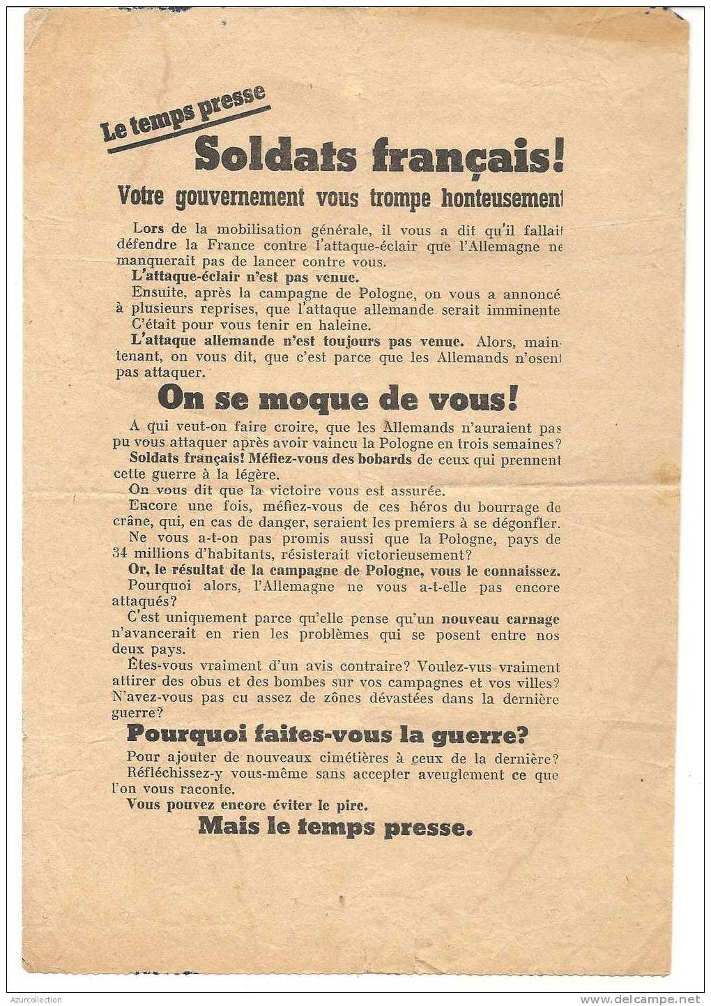 39/45 . TRACT ALLEMAND  . PAQUES 1940 - Documents Historiques