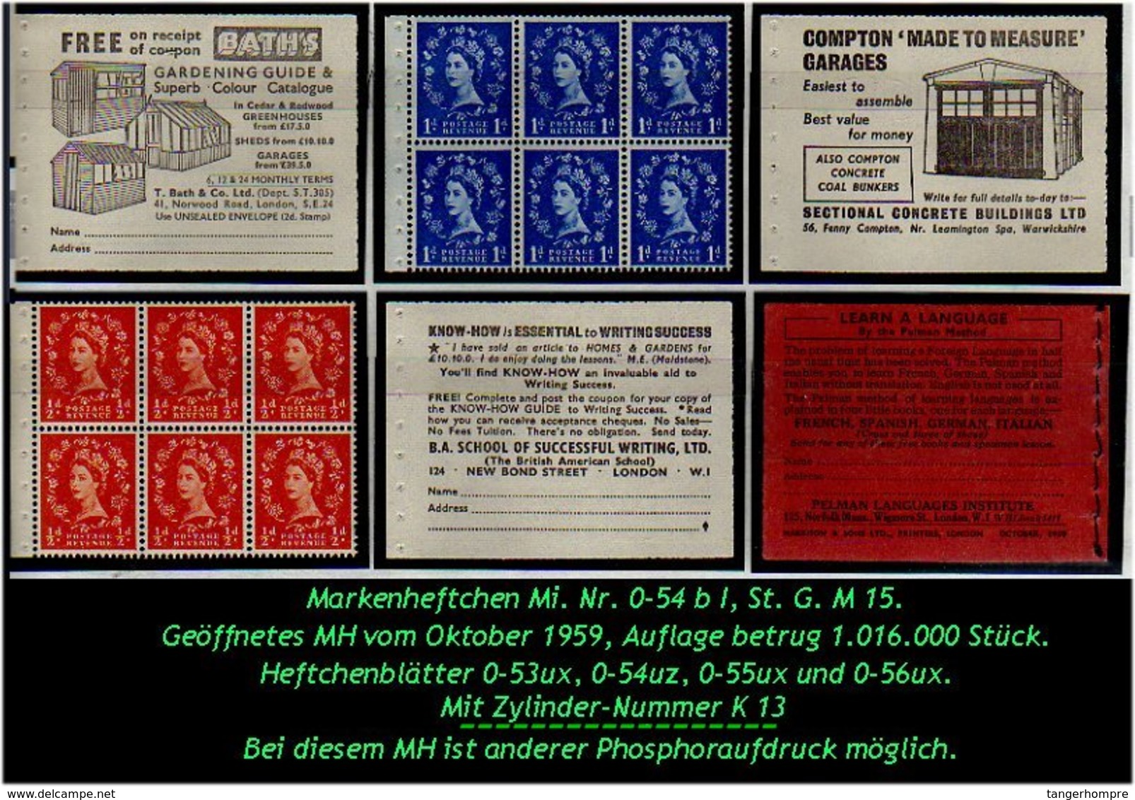 Grossbritannien - Oktober 1959, Markenheftchen Mi. Nr. 0-54 B I Mit Zylindernummer. - Carnets