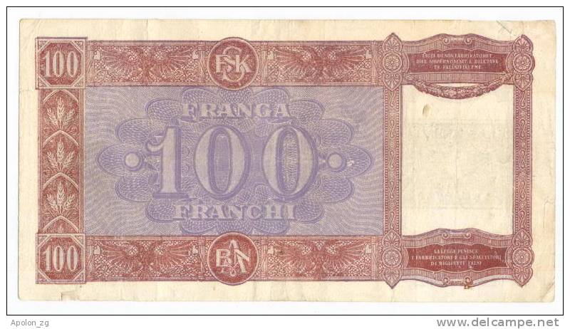 ALBANIA:  100 Franga ND(1945) VF  *P14  * WWII - RARE BANKNOTE ! - Albanië