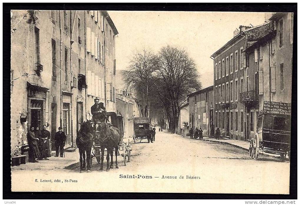 CPA  ANCIENNE- FRANCE- SAINT-PONS (34)- AVENUE DE BEZIERS- ATTELAGES GROS PLAN ANIMÉ- DILIGENCE POUR BEZIERS- - Saint-Pons-de-Thomières