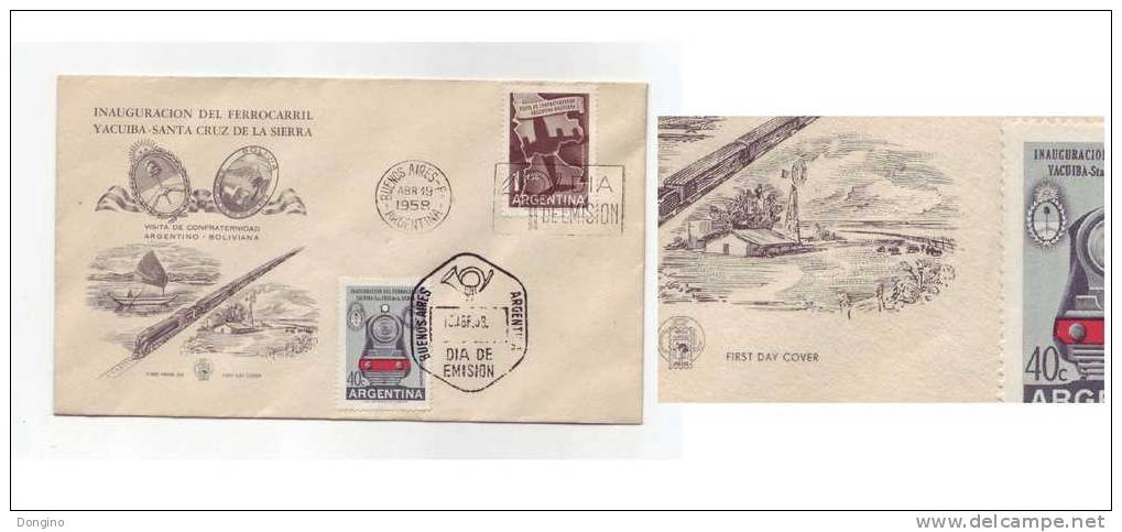 K178. Argentine / 1958 / Argentina / FDC / / Railways / Trains / Yacuiba / Santa Cruz De La Sierra - Moulins