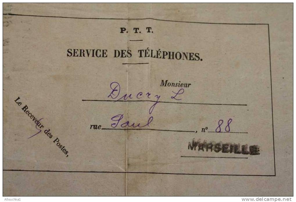P.T.T.  SERVICE TELEPHONIQUE  AVIS POUR REGLEMENT  MARSELLE + FISCAL 1935 >> TLEPHONE - Telegrafi E Telefoni