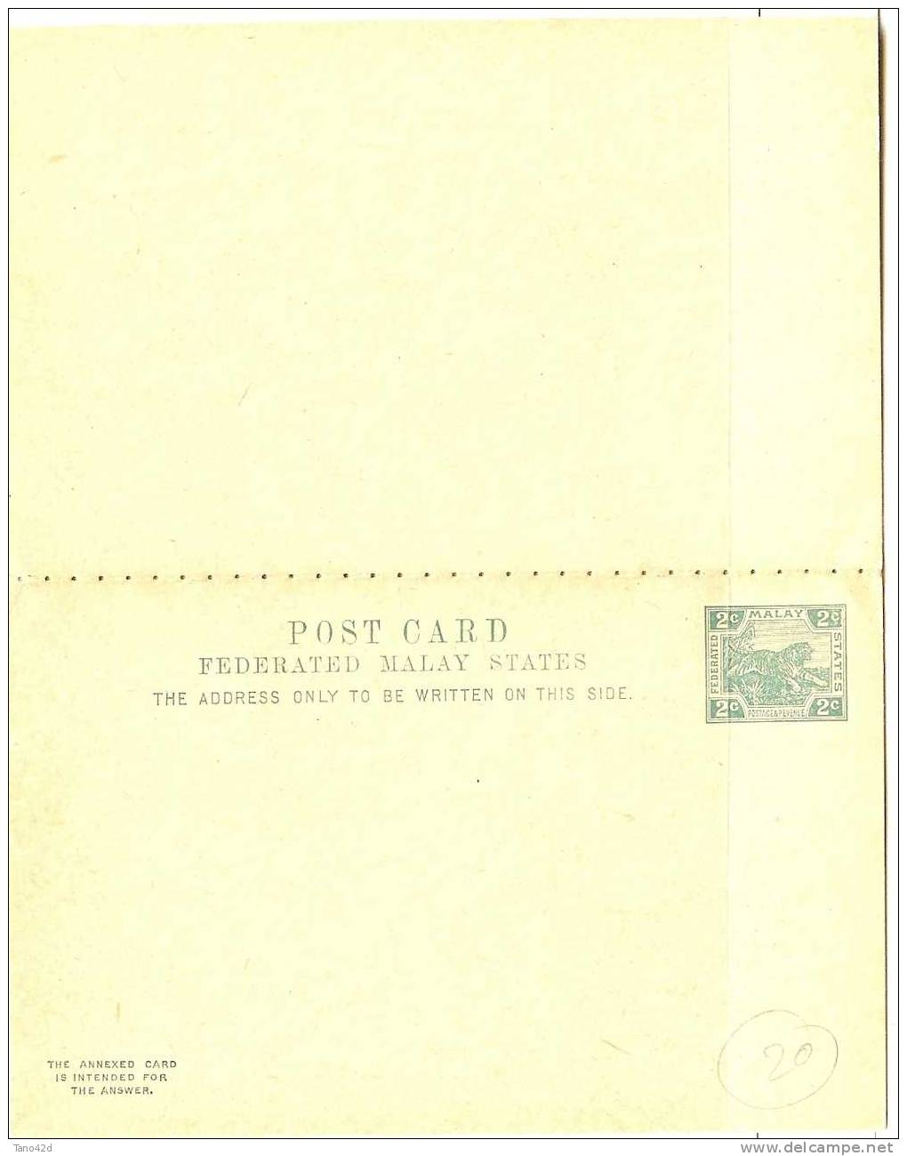 REF LCHA4 - MALAY - 2 CARTES POSTALES AVEC REPONSE PAYEE THEME TIGRE COULEUR VERT ET BRUN - Malaya (British Military Administration)