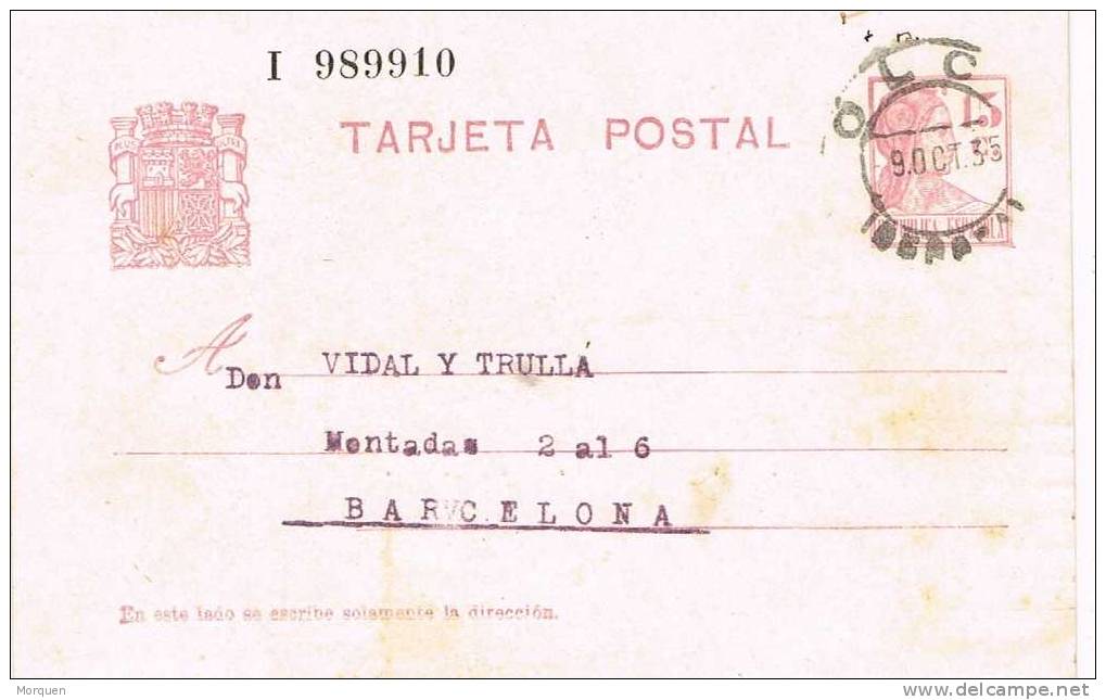 Entero Postal OLOT (Gerona) 1935. Republica - 1931-....