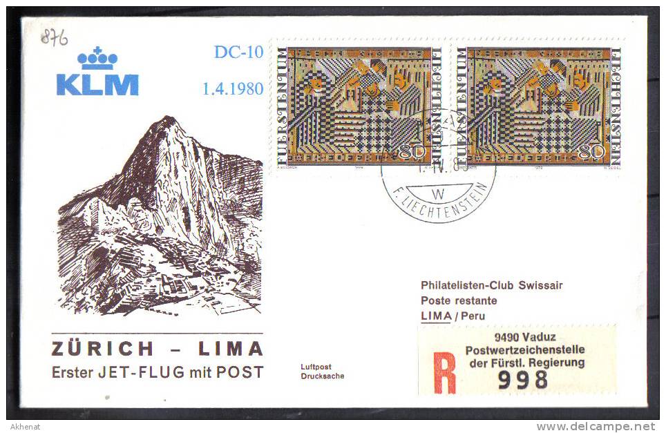 VER876 - KLM , Volo DC 10 Zurich Lima Del 1/4/980 - Poste Aérienne