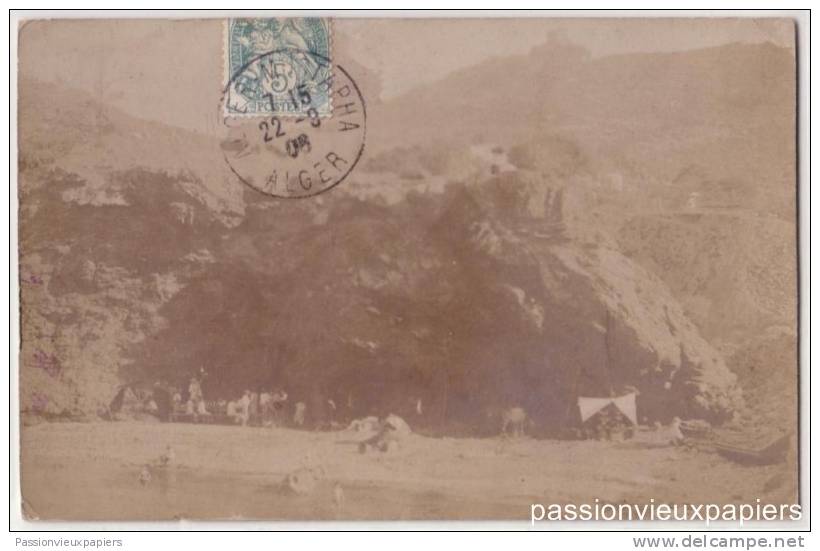 CARTE PHOTO:     ALGER MUSTAPHA  1906   PLAGE ? ROCHERS - Alger