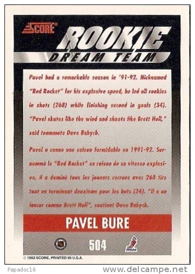 Carte / Card / Karte Hockey - Rookie Dream Team 1992 - N° 504 : Pavel Bure - 1990-1999