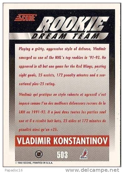Carte / Card / Karte Hockey - Rookie Dream Team 1992 - N° 503 :  Vladimir Konstantinov - 1990-1999