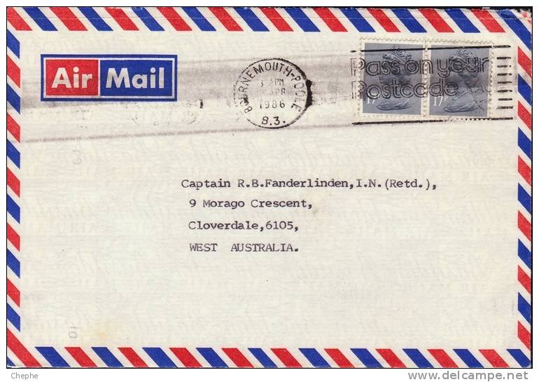 GB 1986 COVER To AUSTRALIA - Franked With 17p Machin X2 [D8151] - Machins
