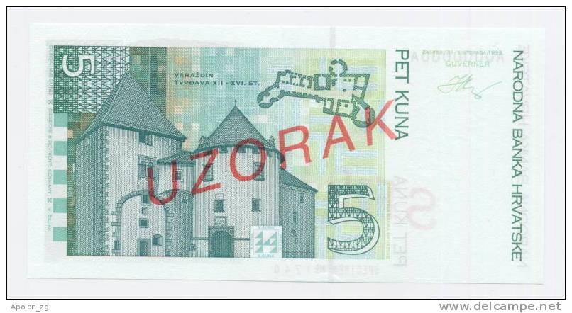 CROATIA:  5 Kuna 31.10.1993 UNC  P-28s *SPECIMEN* Official Specimen Note !! RARE ! - Croatia