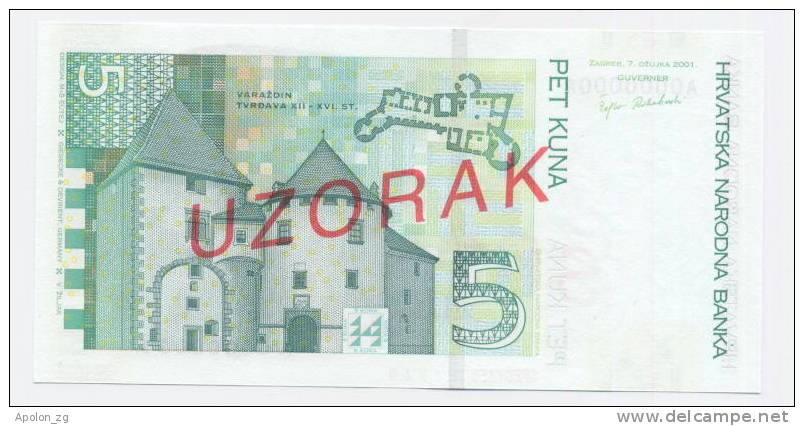 CROATIA: CROATIA: 5 Kuna 7.3.2001 UNC *SPECIMEN* P37s Official Specimen Note !! RARE ! - Kroatien