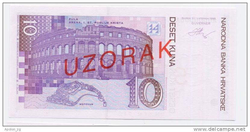 CROATIA - KROATIEN: 10 Kuna 31.10.1993 UNC *SPECIMEN* P29s Official Specimen Note !! RARE ! - Kroatien