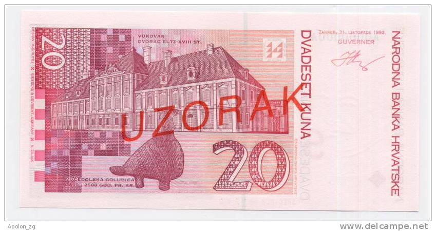 CROATIA - KROATIEN:  20 Kuna 31.10.1993 UNC *SPECIMEN* P30s  Official Specimen Note !! RARE ! - Kroatien