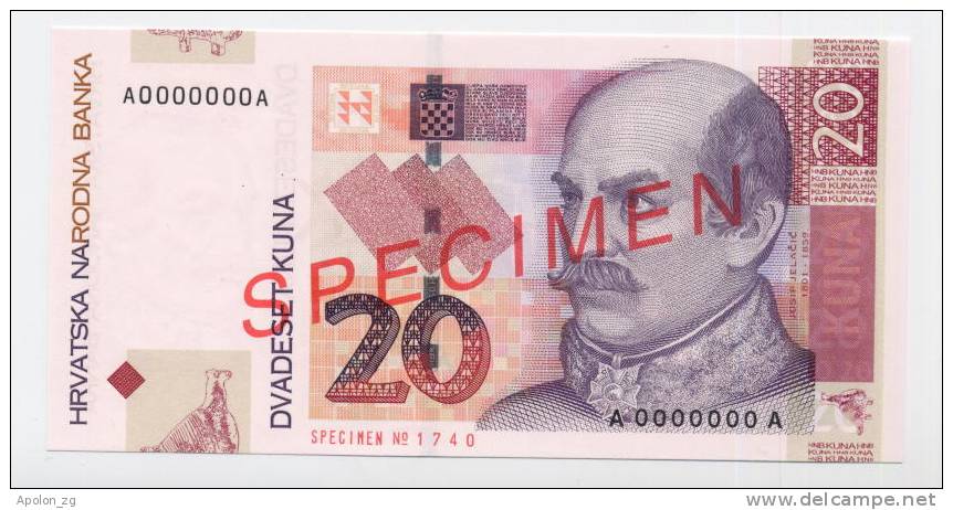 CROATIA - KROATIEN:  20 Kuna 7.3.2001 UNC *SPECIMEN* P39s  Official Specimen Note !! RARE ! - Kroatien