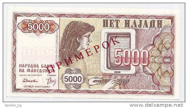 MACEDONIA -  MAZEDONIEN:  5 000 Denari 1992 UNC *P7s *SPECIMEN* Official Specimen Note * Just 20 Pcs Ptd. *VERY RARE! - Nordmazedonien