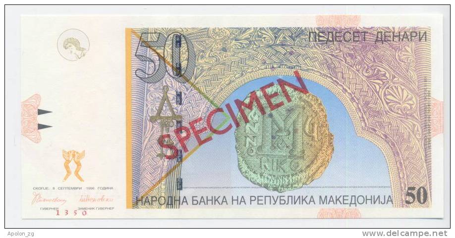 MACEDONIA:  50 Denari 8.9.1996 UNC *SPECIMEN* Official Specimen With All Zeroes Serial #´s - Nordmazedonien