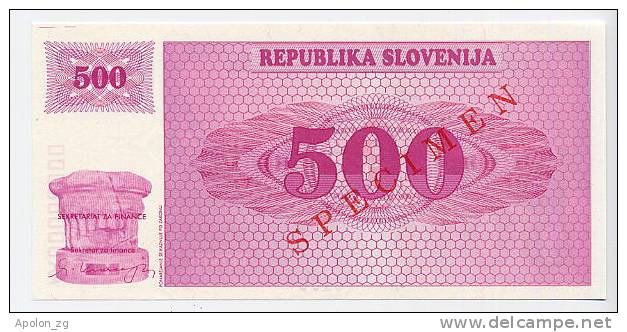 SLOVENIA - SLOWENIEN:  500 Tolarjev 1990 UNC *SPECIMEN* Official Specimen Note With All AA00000000 Ser. # - Slowenien