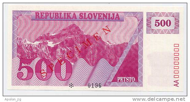 SLOVENIA - SLOWENIEN:  500 Tolarjev 1990 UNC *SPECIMEN* Official Specimen Note With All AA00000000 Ser. # - Slovénie