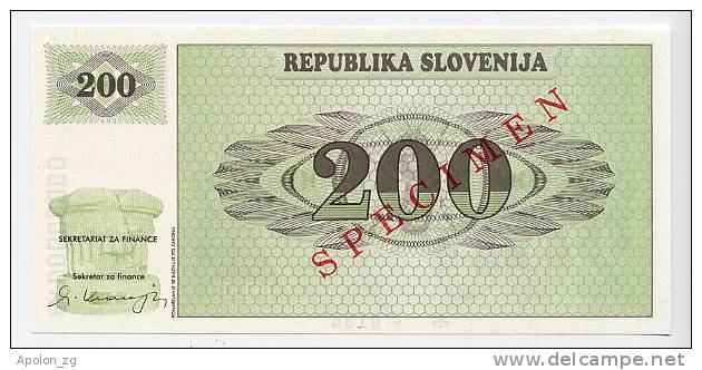 SLOVENIA - SLOWENIEN:  200 Tolarjev 1990 UNC  *SPECIMEN*  Official Specimen Note With All AA00000000 Ser. # - Slovénie