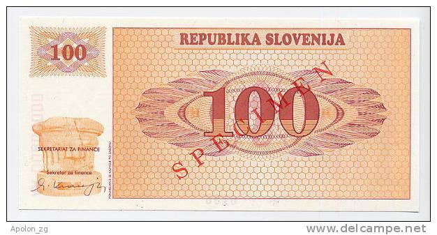 SLOVENIA - SLOWENIEN:  100 Tolarjev 1990 UNC *SPECIMEN*  Official Specimen Note With All AA00000000 Ser. # - Slowenien